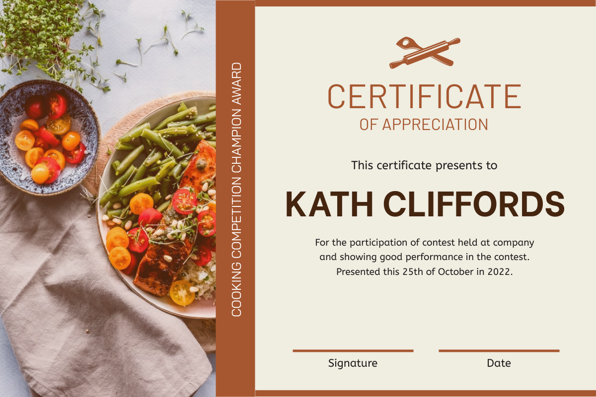 Certificate template: Brown Cooking Competition Award Certificate (Created by Visual Paradigm Online's Certificate maker)