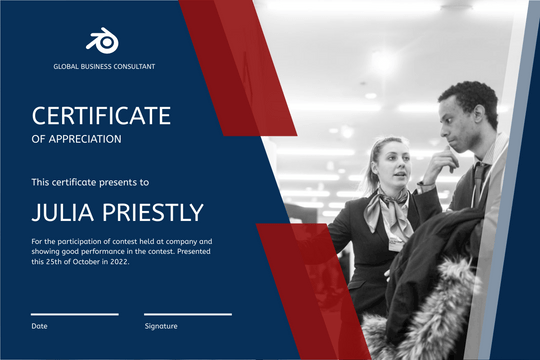 Certificate template: Blue And Red Frame With Photo Certificate (Created by Visual Paradigm Online's Certificate maker)