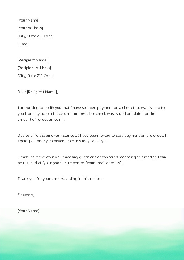 Request Letter Format For Stop Payment Of Cheque Infoupdate