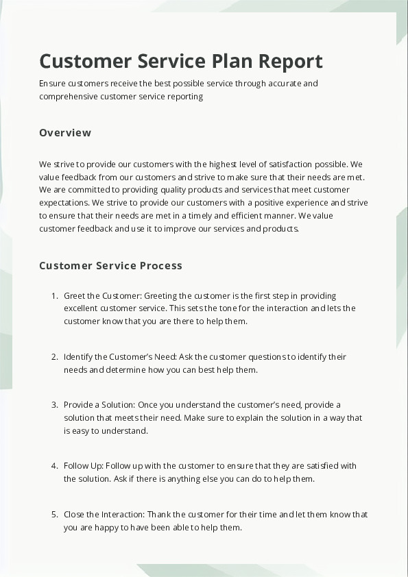Customer Service Plan Report