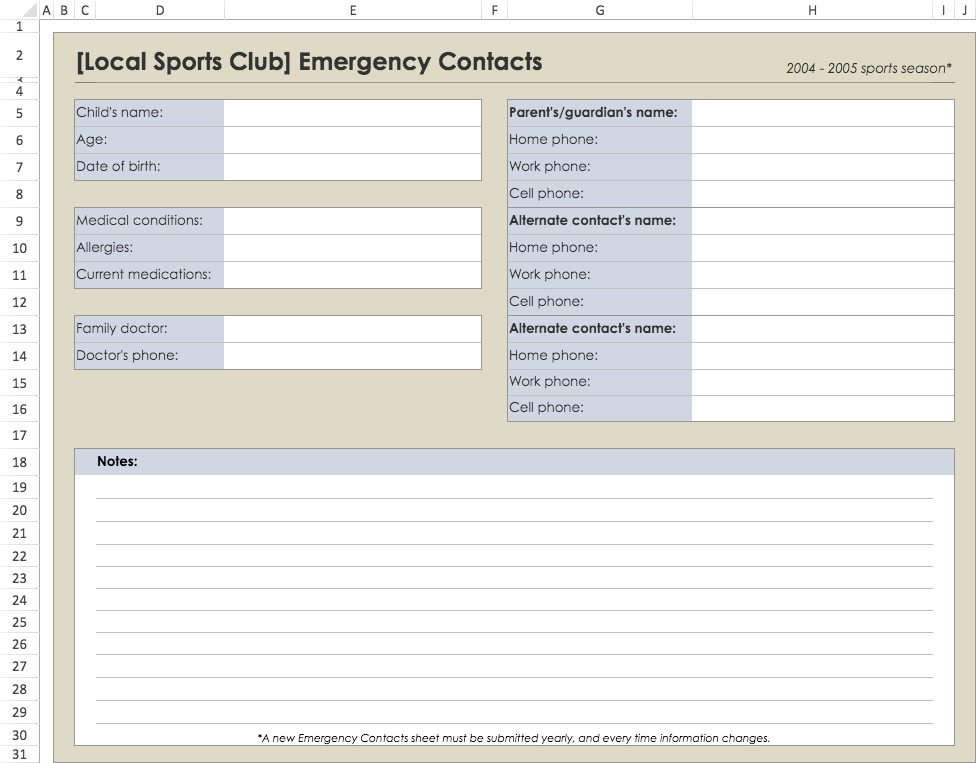 Youth Sports Emergency Contact Form