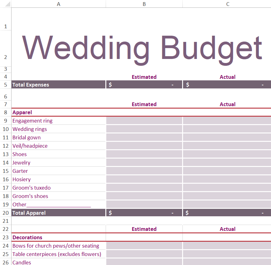 Simple Wedding Budget Planner