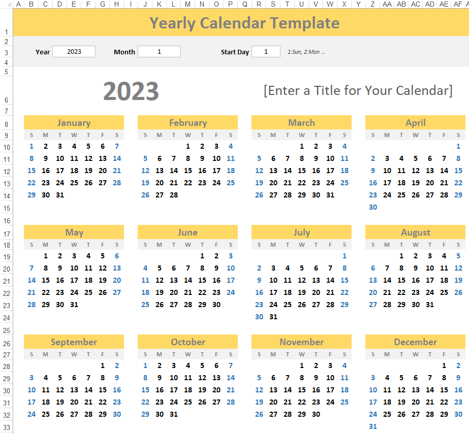 Any Year At A Glance Calendar