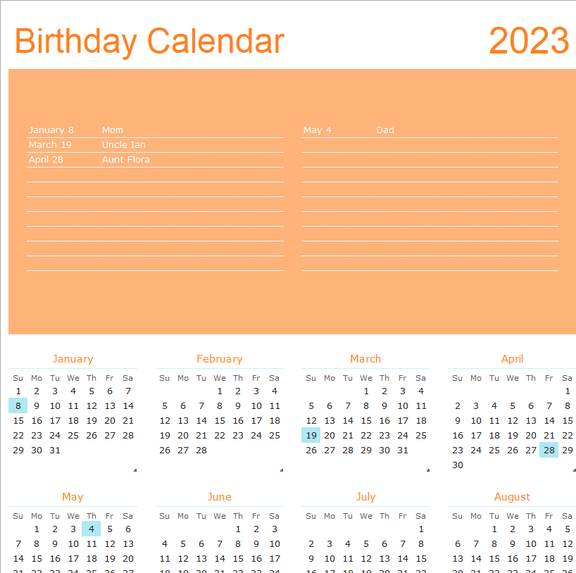 Birthday Calendar With Highlighting