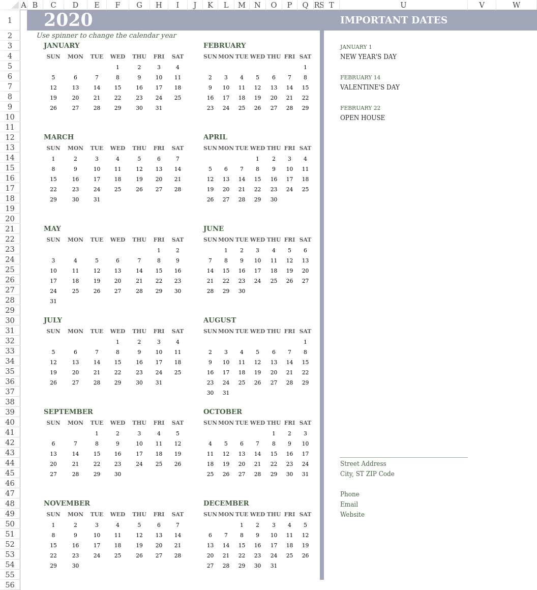 Business Calendar (Any Year, Sun-Sat)