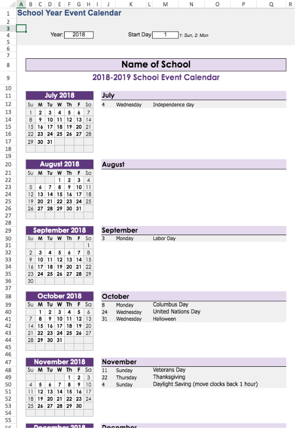 School Year Event Calendar