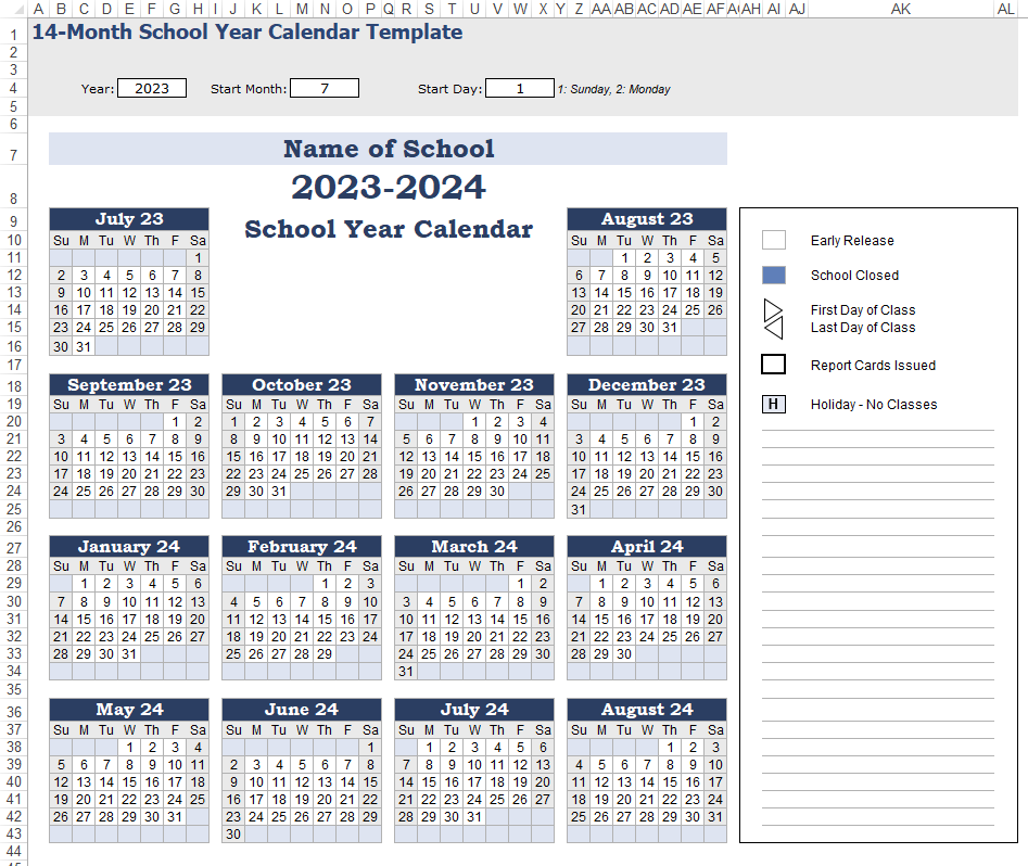 14-Month School Year Calendar