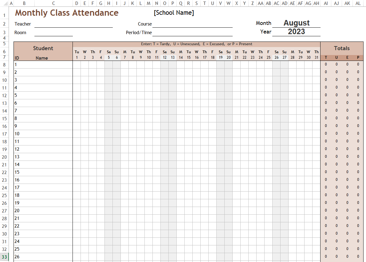 Monthly Class Attendance Form