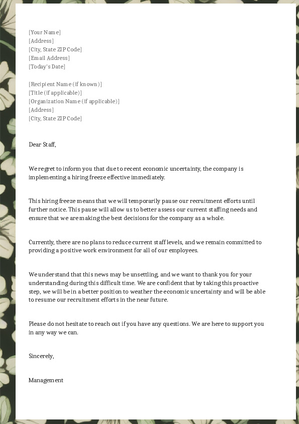 Free Word Template: Announce a Hiring Freeze Letter Template