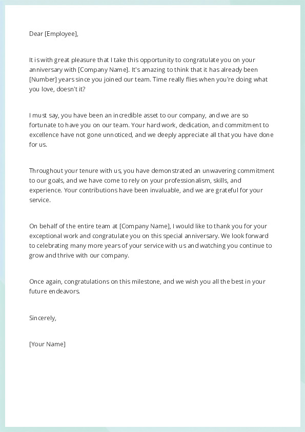 Free Word Template: Congratulate an Employee on the Anniversary of His ...