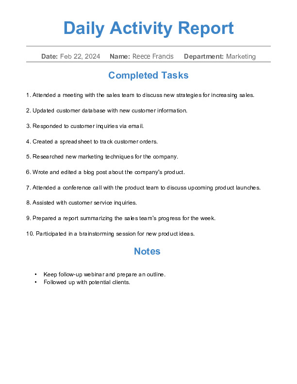 Free Word Template Daily Activity Report Template