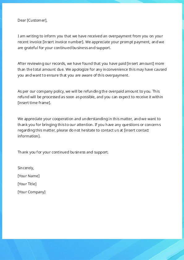 Free Word Template Inform a Customer of an Overpayment Letter Template