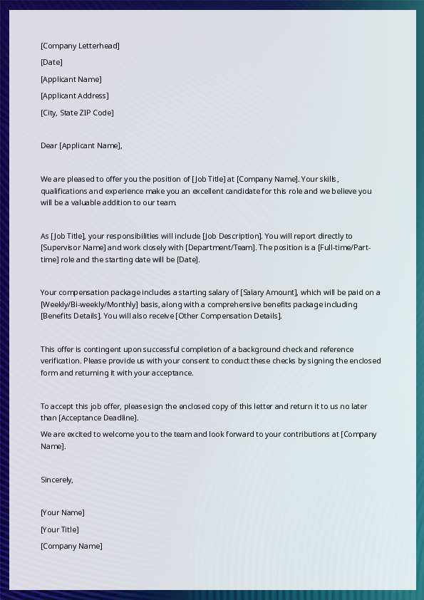 Free Word Template Job offer Letters Template