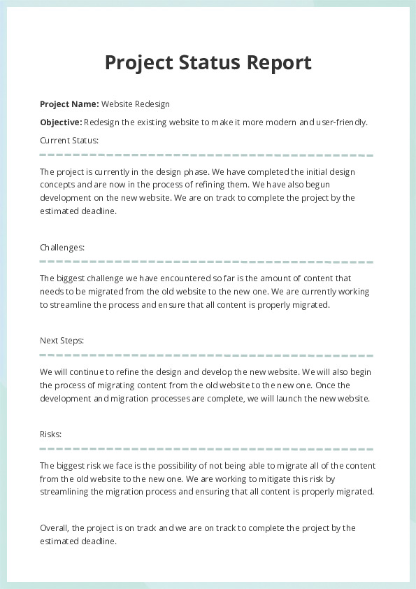 Free Word Template Project Status Report Template