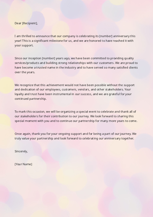 Free Word Template: Business Anniversary Announcement Letter Template
