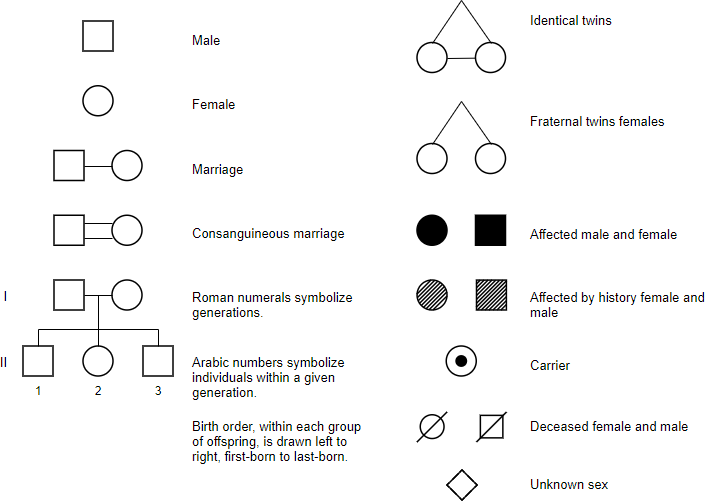 Black and white image of symbols used to construct pedigree charts