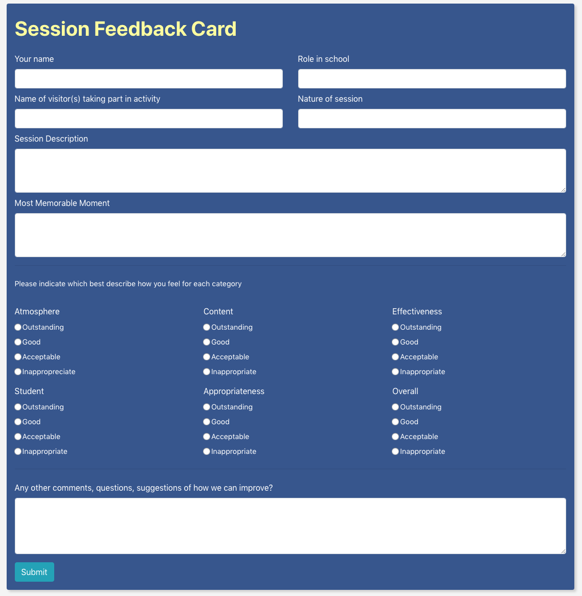 session feedback card