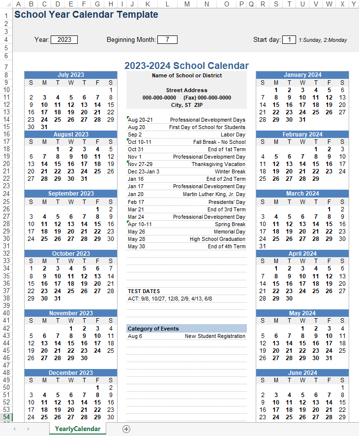 District School-Year Calendar Excel Template