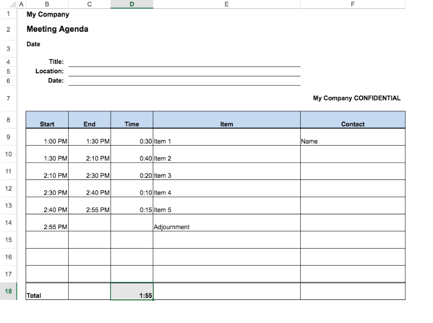 Adjustable Meeting Agenda Excel Template