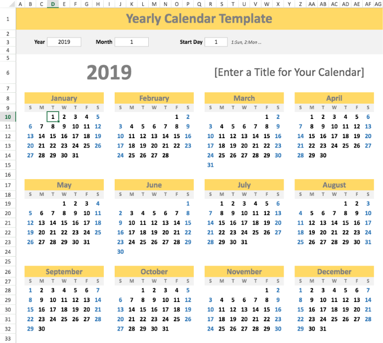 Any Year At A Glance Calendar Excel Template