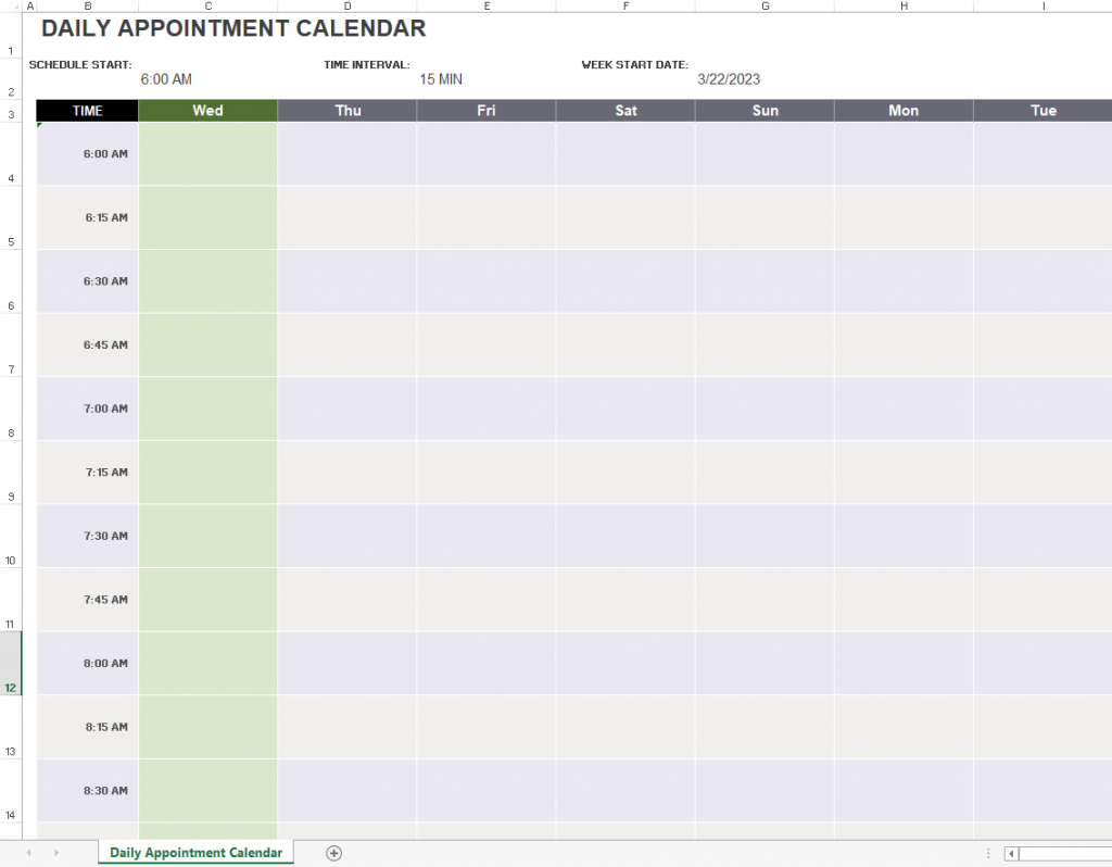 excel weekly appointment calendar template