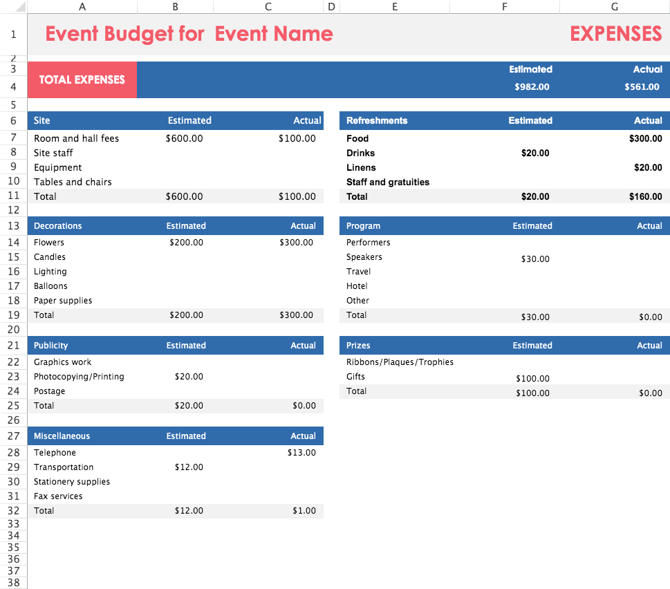 event budget excel template