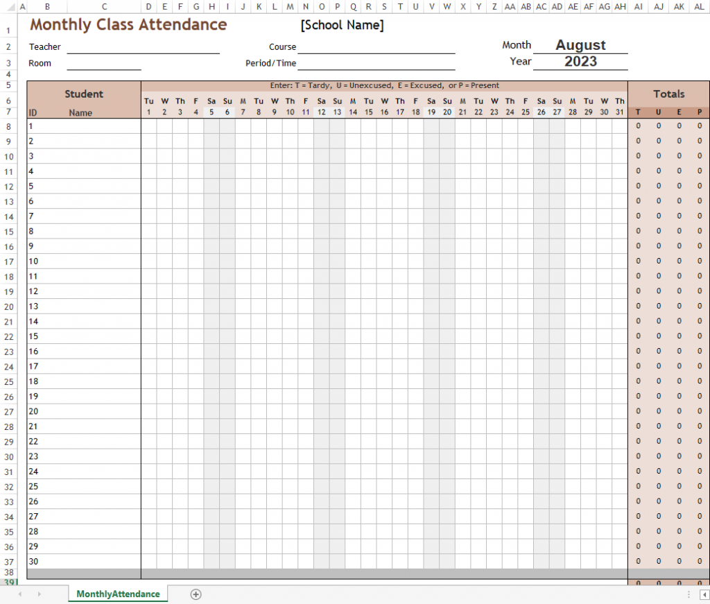 Monthly Class Attendance Form Excel Template