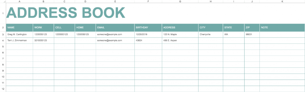 excel address template