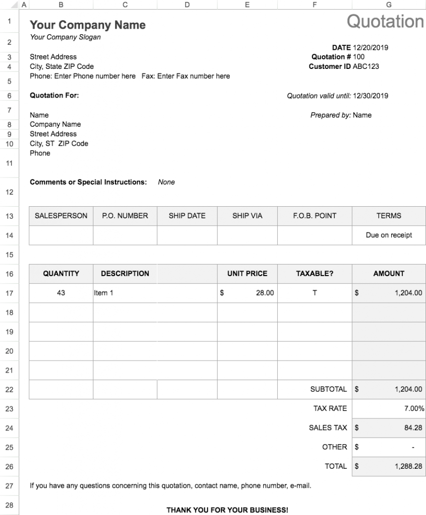 Price Quotation With Tax Calculation Excel Template