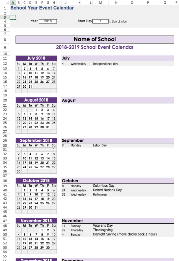 School Year Event Calendar Excel Template