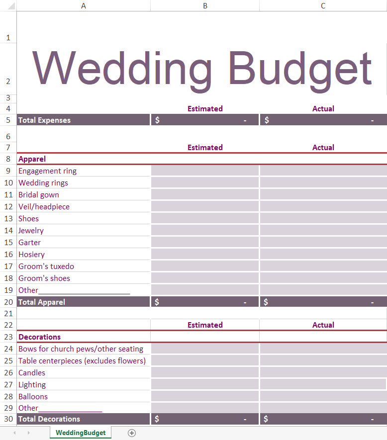 Simple Wedding Budget Planner Excel Template