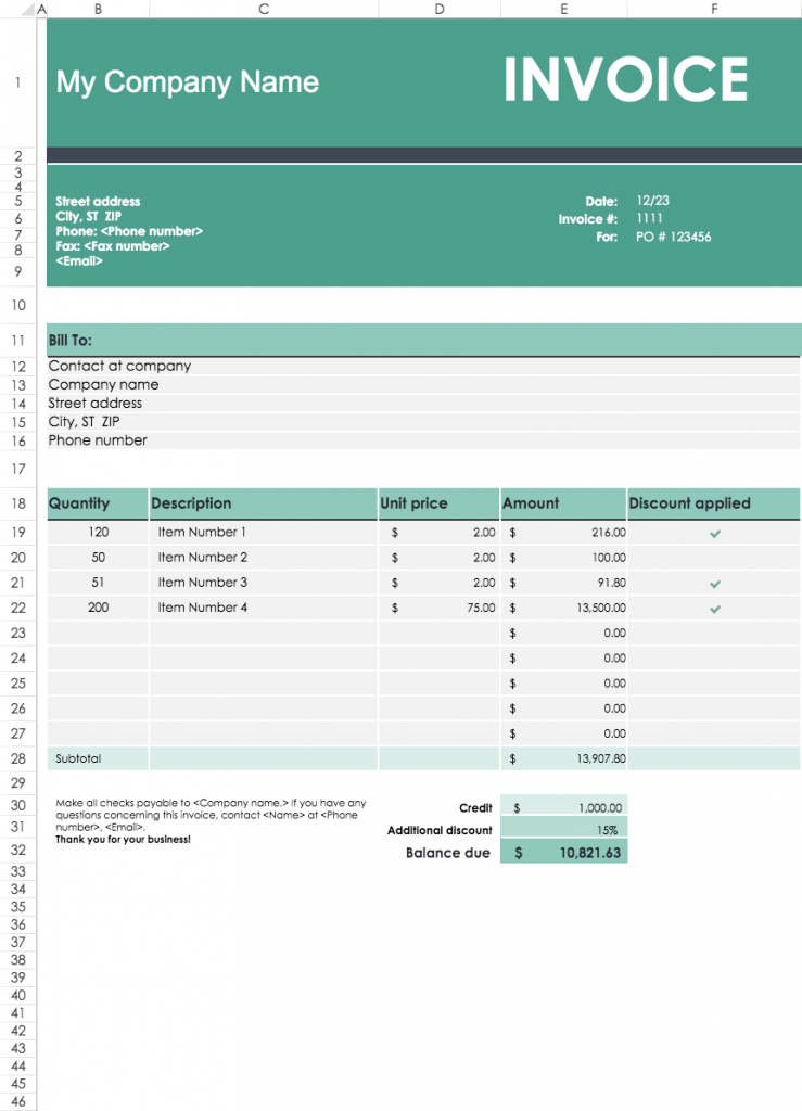 sales invoice excel template